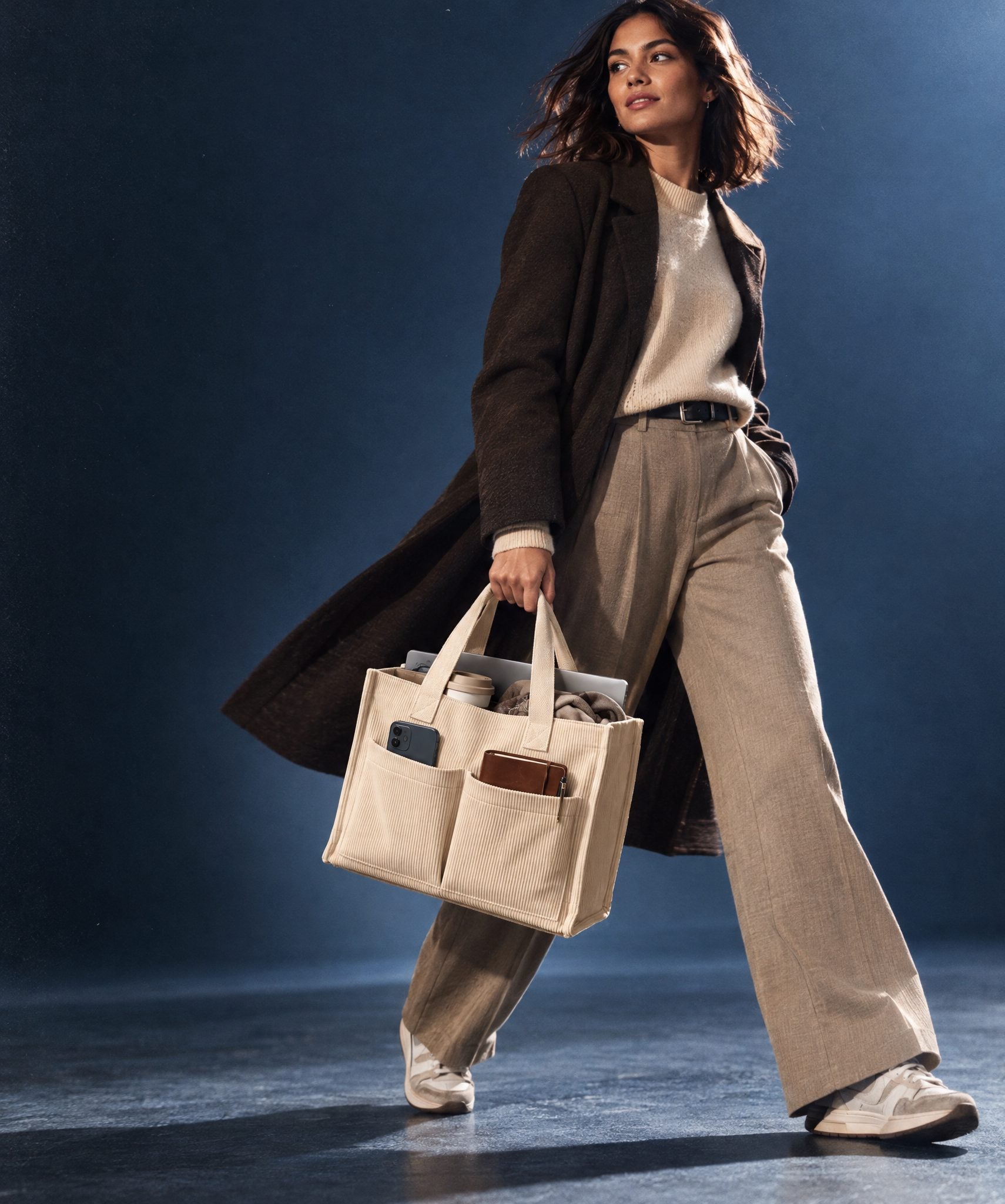 Woman walking with the Shift Tote in Khaki