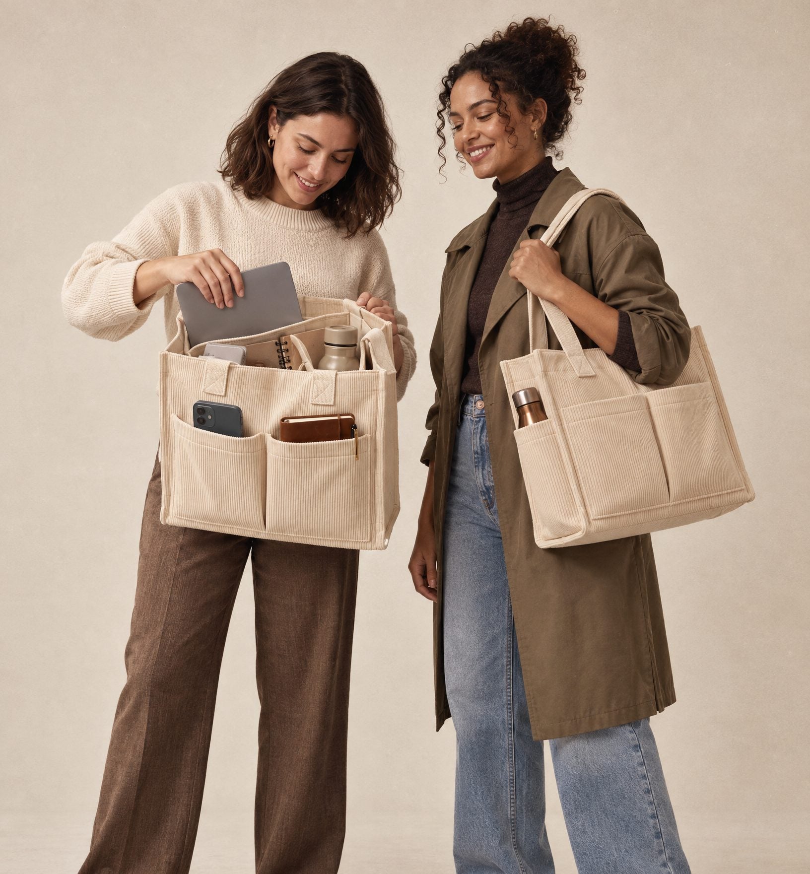 Two women carrying the Shift Tote in Khaki