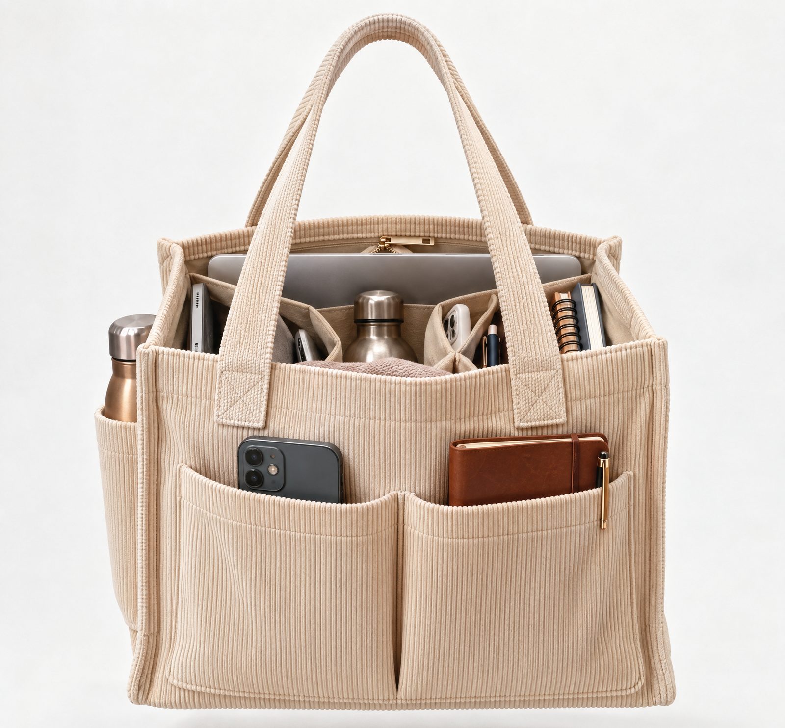 The Shift Tote in Khaki, open, with a laptop, bottle and notebooks inside