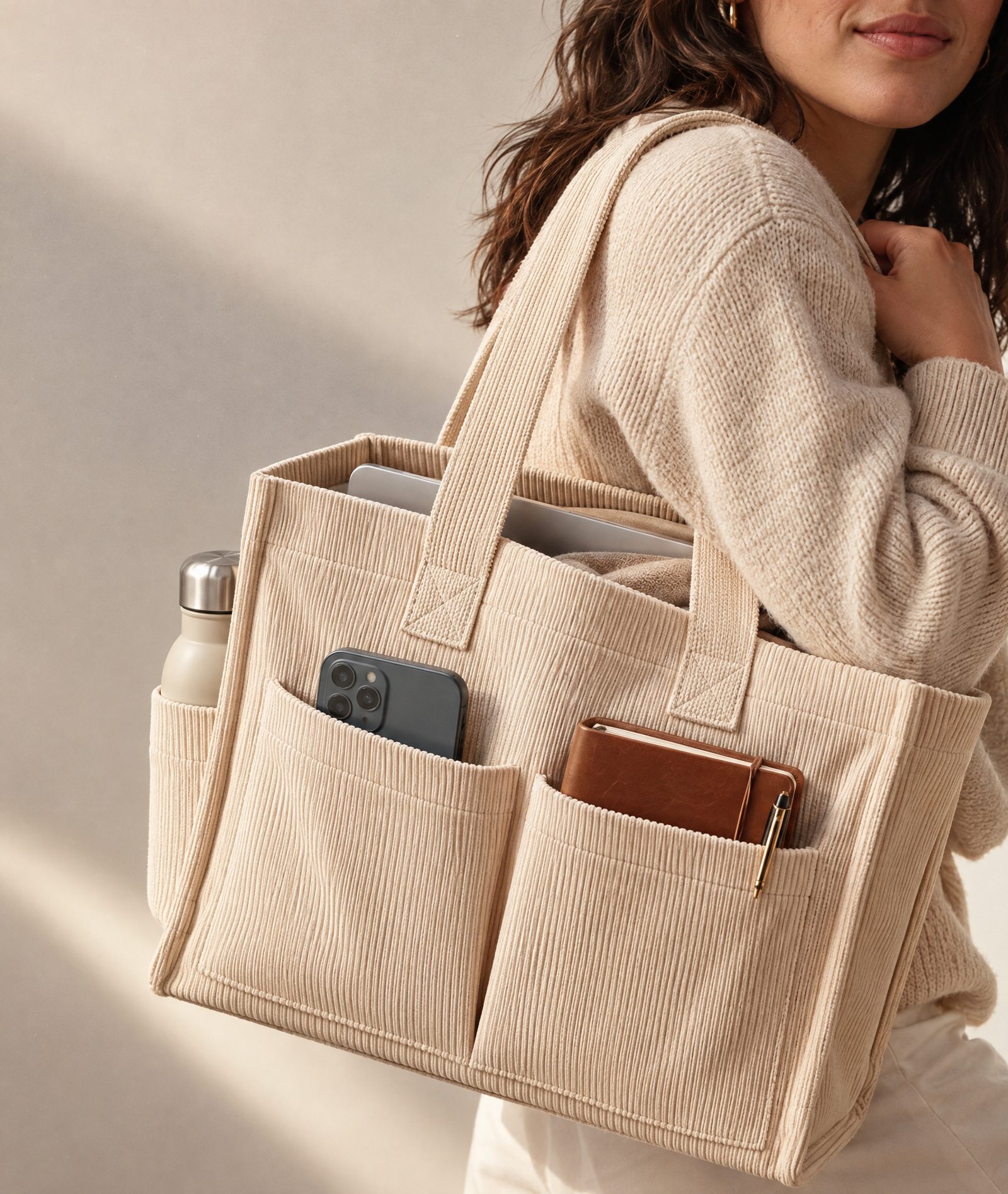 The Shift Tote in Khaki worn on the shoulder